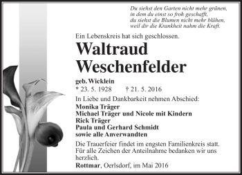 Traueranzeige von Waltraud Weschenfelder von Südthüringer Presse