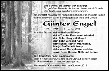 Traueranzeige von Günter Engel von Südthüringer Presse