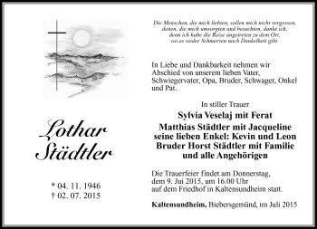 Traueranzeige von Lothar Städtler von Südthüringer Presse