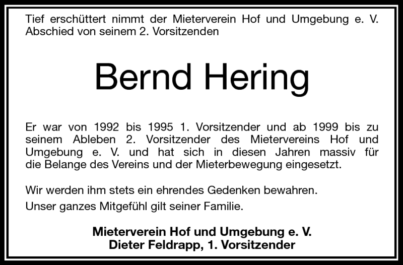  Traueranzeige für Bernd Hering vom 26.05.2015 aus Frankenpost