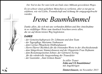 Traueranzeige von Irene Baumhämmel von Südthüringer Presse