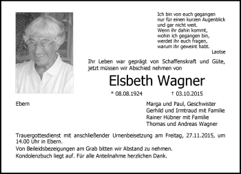 Traueranzeige von Elsbeth Wagner von Neue Presse Coburg