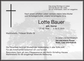 Traueranzeige von Lotte Bauer von Frankenpost