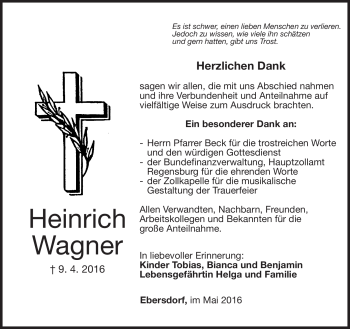 Traueranzeige von Heinrich Wagner von Neue Presse Coburg