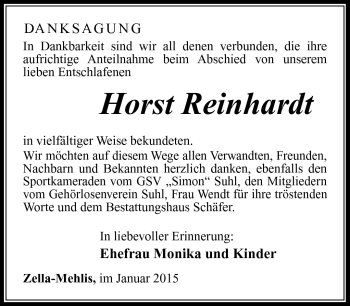 Traueranzeige von Horst Reinhardt von Südthüringer Presse