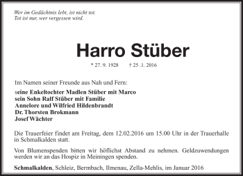 Traueranzeige von Harro Stüber von Südthüringer Presse
