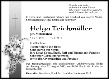 Traueranzeige von Helga Teichmüller von Südthüringer Presse