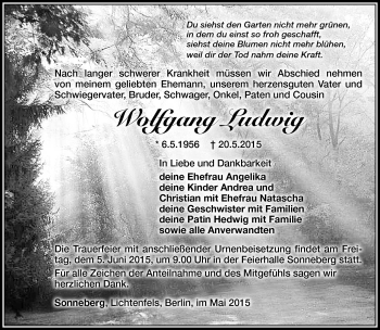 Traueranzeige von Wolfgang Ludwig von Südthüringer Presse
