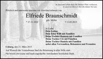Traueranzeige von Elfriede Braunschmidt von Neue Presse Coburg