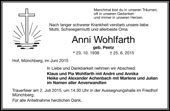 Traueranzeige von Anni Wohlfahrt von Frankenpost