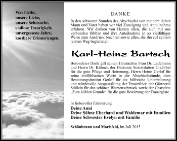 Traueranzeige von Karl-Heinz Bartsch von Südthüringer Presse