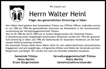 Traueranzeige von Walter Heinl von Frankenpost