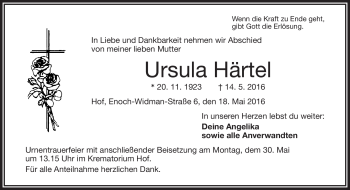 Traueranzeige von Ursula Härtel von Frankenpost