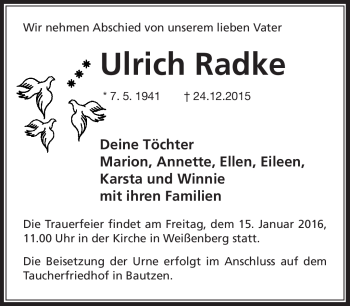 Traueranzeige von Ulrich Radke von Südthüringer Presse