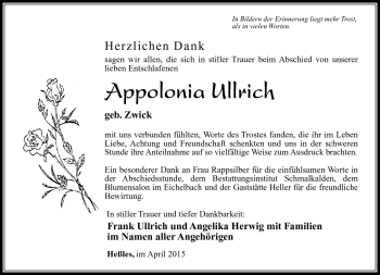 Traueranzeige von Appolonia Ullrich von Südthüringer Presse