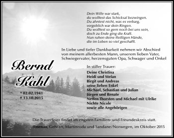 Traueranzeige von Bernd Kahl von Südthüringer Presse