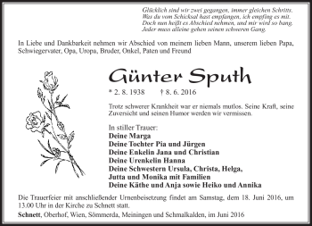 Traueranzeige von Günter Sputh von Südthüringer Presse
