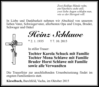 Traueranzeige von Heinz Schlawe von Südthüringer Presse
