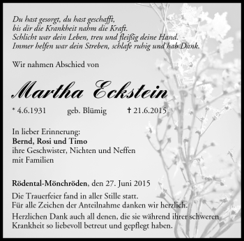 Traueranzeige von Martha Eckstein von Neue Presse Coburg
