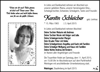Traueranzeige von Kerstin Schleicher von Südthüringer Presse