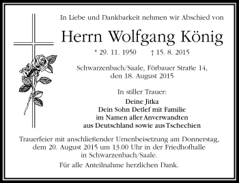 Traueranzeige von Wolfgang König von Frankenpost