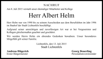 Traueranzeige von Albert Helm von Neue Presse Coburg