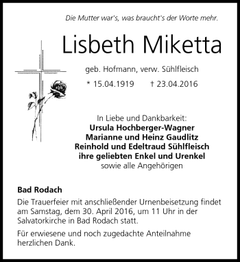 Traueranzeige von Lisbeth Miketta von Neue Presse Coburg