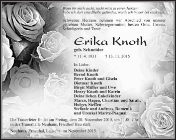 Traueranzeige von Erika Knoth von Südthüringer Presse