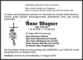 Traueranzeige von Änne Wagner von Südthüringer Presse
