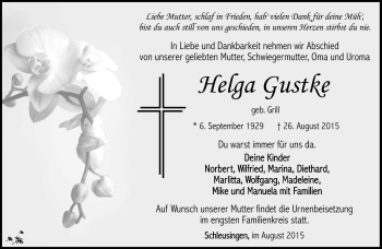 Traueranzeige von helga Guske von Südthüringer Presse
