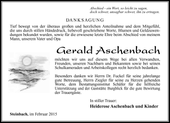 Traueranzeige von Gerald Aschenbach von Südthüringer Presse