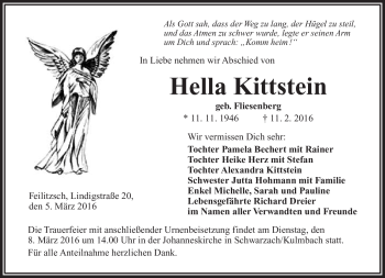 Traueranzeige von Hella Kittstein von Frankenpost