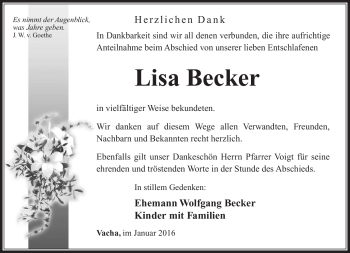 Traueranzeige von lisa Becker von Südthüringer Presse