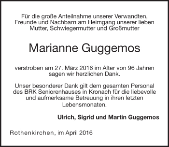 Traueranzeige von Marianne Guggemos von Neue Presse Coburg