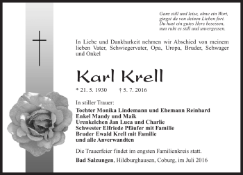 Traueranzeige von Karl Krell von Südthüringer Presse