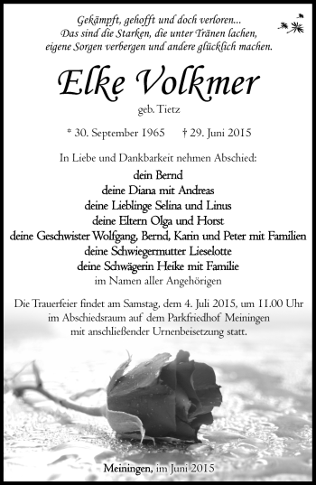 Traueranzeige von Elke Volkmer von Südthüringer Presse