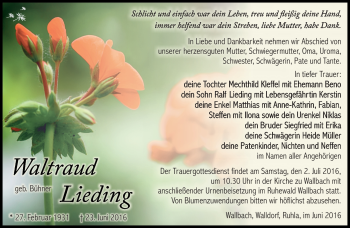 Traueranzeige von Waltraud Lieding von Südthüringer Presse