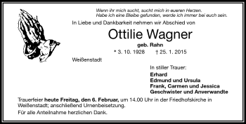 Traueranzeige von Ottilie Wagner von Frankenpost