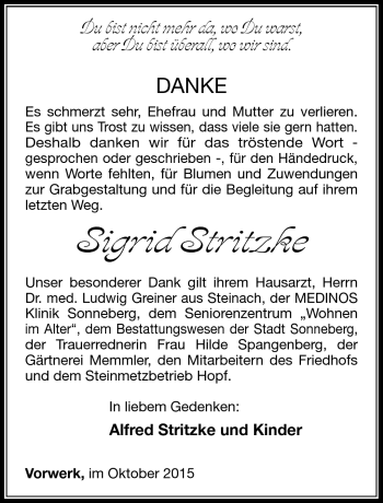 Traueranzeige von Sigrid Stritzke von Südthüringer Presse