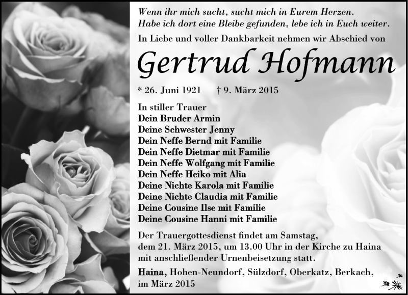  Traueranzeige für Gertrud Hofmann vom 17.03.2015 aus Südthüringer Presse