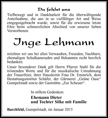 Traueranzeige von Inge Lehmann von Südthüringer Presse