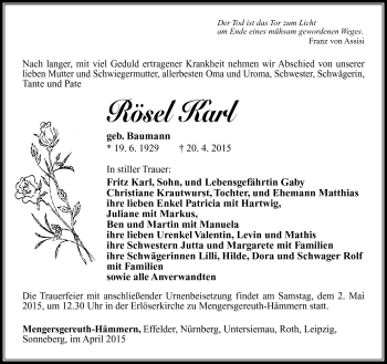 Traueranzeige von Rösel Karl von Südthüringer Presse