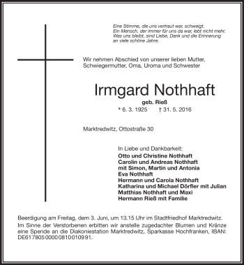 Traueranzeige von Irmgard Nothhaft von Frankenpost