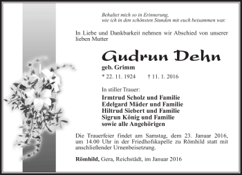 Traueranzeige von Gudrun Dehn von Südthüringer Presse