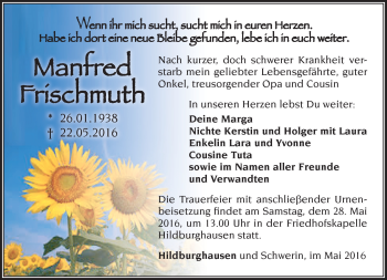 Traueranzeige von Manfred Frischmuth von Südthüringer Presse