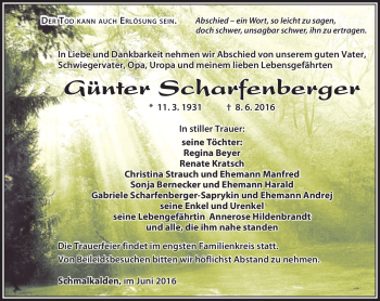 Traueranzeige von Günter Scharfenberger von Südthüringer Presse