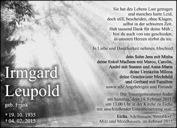 Traueranzeige von Irmgard Leupold von Südthüringer Presse