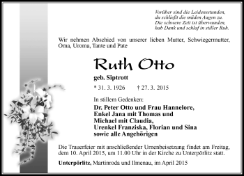 Traueranzeige von Ruth Otto von Südthüringer Presse
