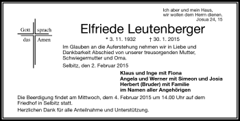 Traueranzeige von Elfriede Leutenberger von Frankenpost