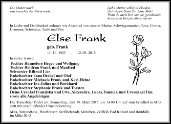 Traueranzeige von Else Frank von Südthüringer Presse